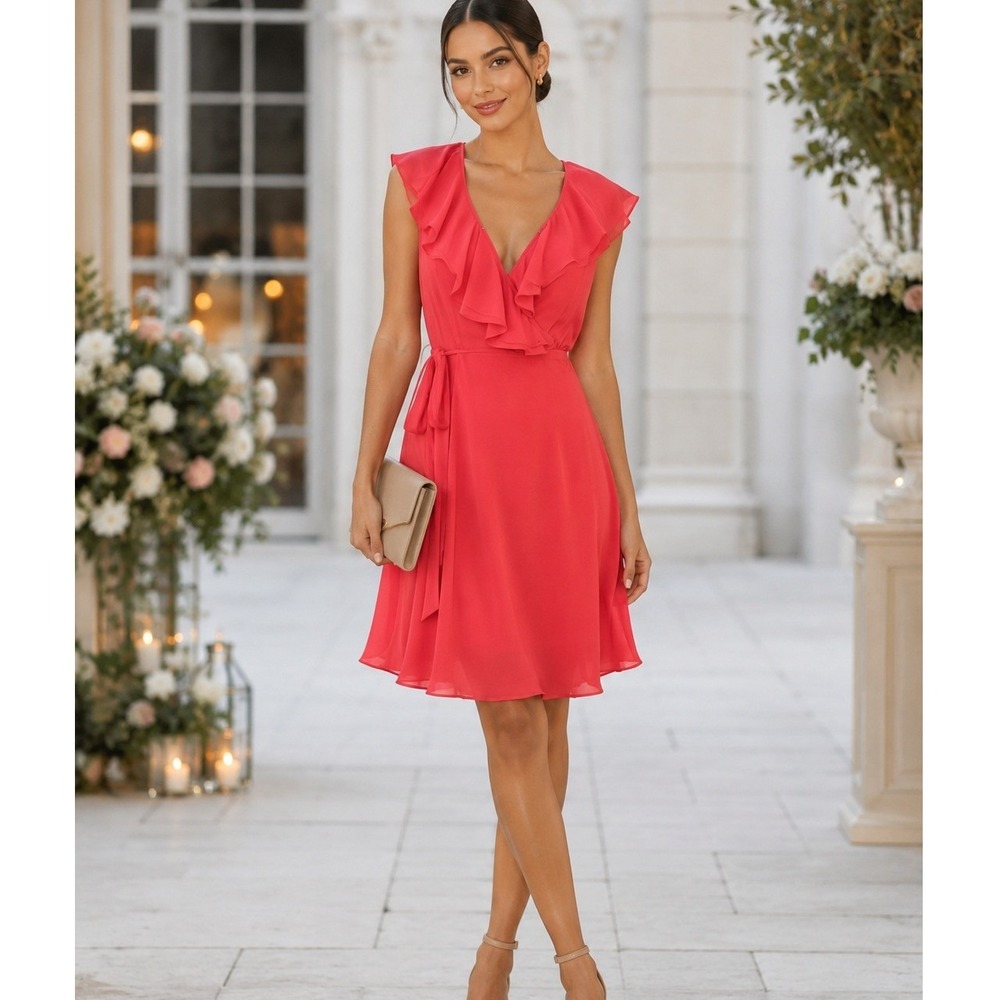 Charming Charlie Coral Ruffle Wrap Dress Medium Sleeveless Midi‎ Dress Feminine